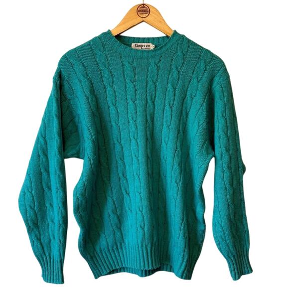 Simpson Piccadilly VTG 100% Pure Wool Cable-Knit Sweater Made In UK Teal Sz XL - Picture 1 of 9